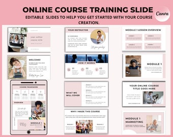 May include: A pink and white online course training slide deck with the title "Online Course Training Slide" and the text "Editable slides to help you get started with your course creation." The slides include topics such as "Your Instructor", "How It Works", "What We Will Cover", "Why I Made This Course", "Module 1 Lesson Overview", "Module 1", and "Your Online Course Title Goes Here".