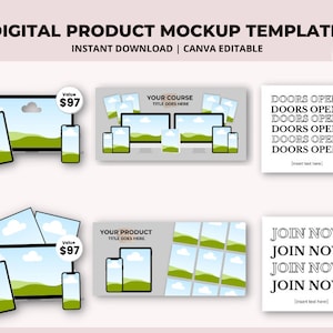 Op de afbeelding: Mockup-sjablonen voor digitale producten, met een laptop, smartphone en tablet-schermen met een blauwe lucht en groene heuvels op de achtergrond. De tekst "Uw cursus" en "Uw product" wordt weergegeven op de schermen, samen met de prijs "€ 97".