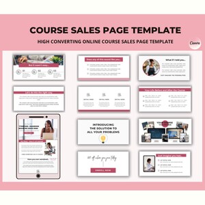 Op de afbeelding: Een roze en witte online cursusverkooppagina-sjabloon met de tekst "COURSE SALES PAGE TEMPLATE" en "HIGH CONVERTING ONLINE COURSE SALES PAGE TEMPLATE". De sjabloon bevat afbeeldingen van mensen, tekstvakken en een gloeilampgrafiek. De sjabloon bevat ook de tekst "INTRODUCING THE SOLUTION TO ALL YOUR PROBLEMS" en "ENROLL NOW".