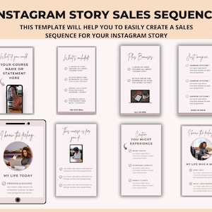May include: A pink and white Instagram story template with the text "Instagram Story Sales Sequence" and "This template will help you to easily create a sales sequence for your Instagram story". The template includes eight different slides with text and images.
