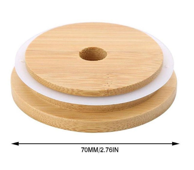 Bamboo Cap Lids 70mm Reusable Wooden Mason Jar Lid with Straw Hole and Silicone Seal