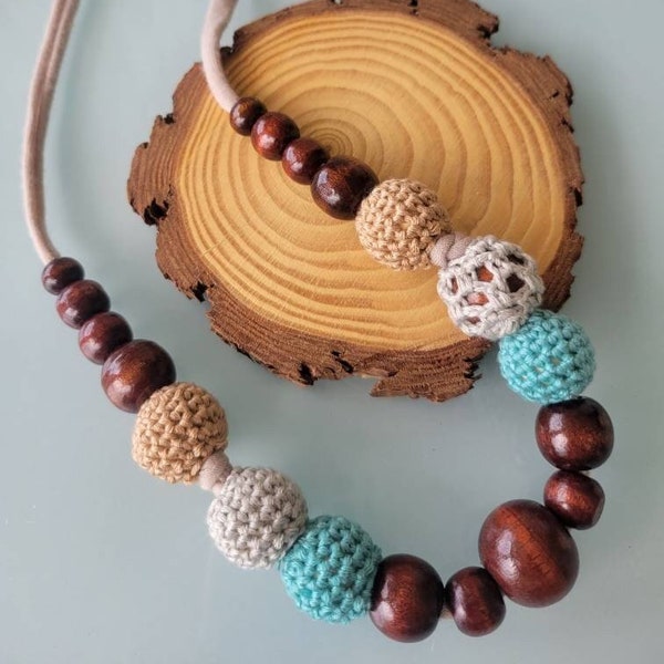 WOODEN BEAD NECKLACE, Cotton Wooden Beads Adjustable Necklace, Modern Nursing Necklace Gift For Mom