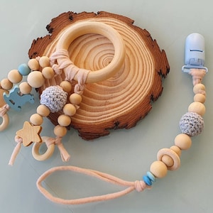 Set Schnullerhalter und Rassel Baby, Holz Schnuller Halter, Geschenk für Mama und Baby, häkeln Schnuller Halter, Baby Shower Geschenk