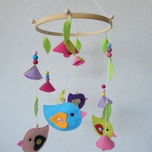 Baby nursery mobile, baby crib mobile, birds felt mobile, hanging wooden mobile, baby shower gift