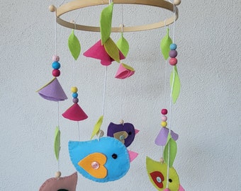 Baby nursery mobile, baby crib mobile, birds felt mobile, hanging wooden mobile, baby shower gift