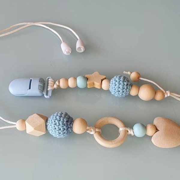 Wooden bead necklace, cotton wooden beads necklace, nursing necklace, dummy holder, set gift for mom and babyand baby