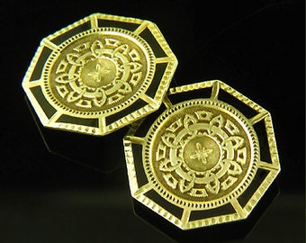 Elegant Gold Cufflinks with Black Enamel Accents created by Kohn & Co. in 14kt Gold circa 1925