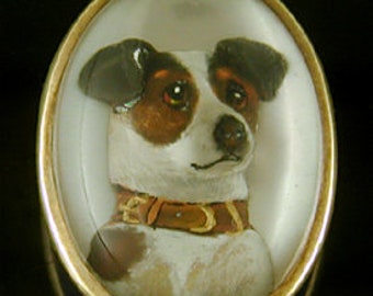 Victorian Stickpin with Essex Crystal of an Alert Fox Terrier crafted in 14kt Gold circa 1880