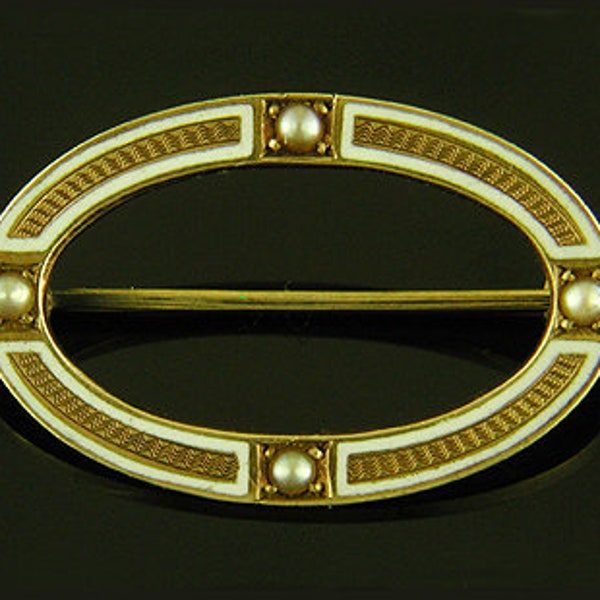 Antique Pearl and Enamel Brooch created by Riker Bros. in 14kt Gold circa 1910