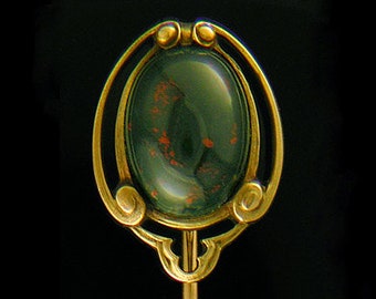 Antique Bloodstone Scarab Stickpin created by Hans Brassler in 14kt Gold Circa 1910