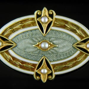 Edwardian Pearl and Guilloche Enamel Brooch created by Wordley, Allsopp and Bliss in 14kt Gold