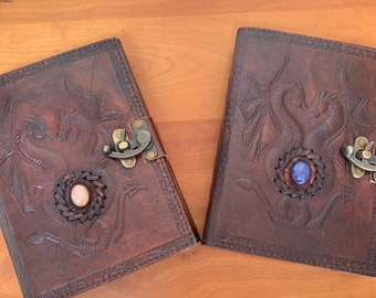 Double dragon leather journal with rose quartz or lapis stone