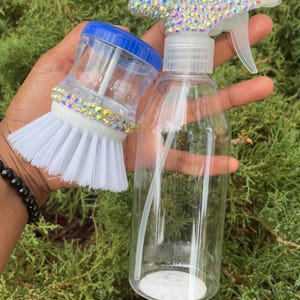 Blinged Spray Bottle & Scrub Brush Set | Glam Cleaning Tools | Crystal AB Rhinestones | Sparkly Cleaning Supplies