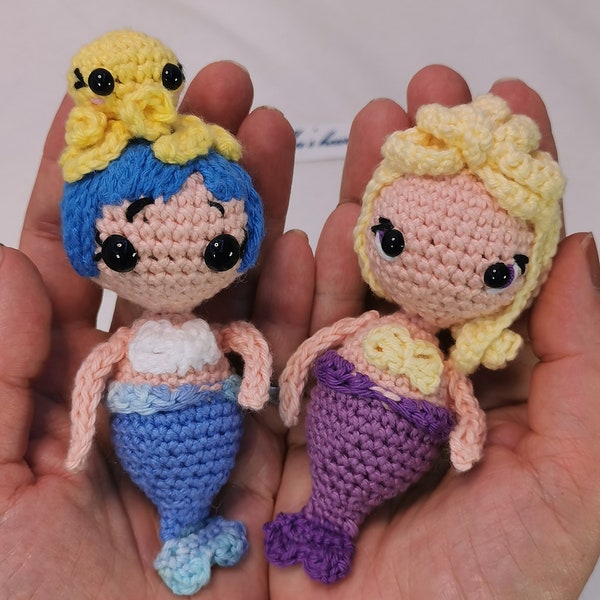 Bébé sirène et son chapeau pieuvre ou citron-givrée la sirène (jaune et violette) , amigurumi kawaii fait main au crochet