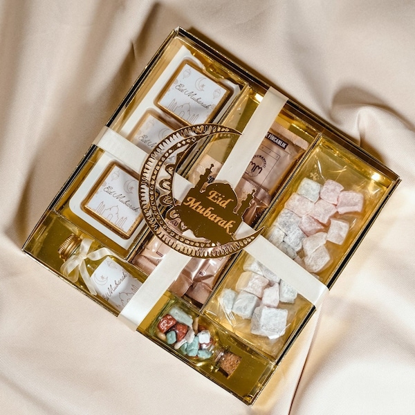 Eid Mubarak Gift Set Premium - Eid Gift Box for Eid (Bayram, Bajram) - Chocolate, Coffee, Turkish Honey (Lokum), Scented Water