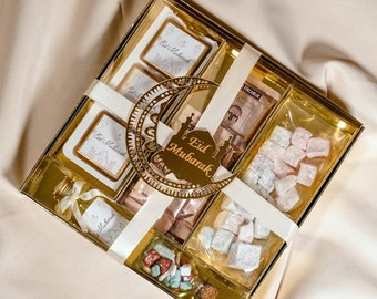 Eid Mubarak Gift Set Premium - Eid Gift Box for Eid (Bayram, Bajram) - Chocolate, Coffee, Turkish Honey (Lokum), Scented Water