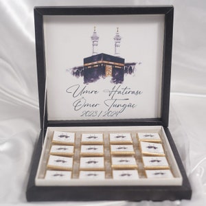 Umrah Schokoladenbox personalisiert, Geschenk an Gäste nach der Umrah Reise