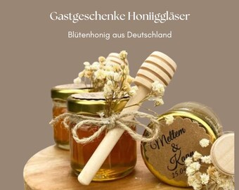 Mini Honiggläser Gastgeschenke: Perfekt für Hochzeiten, Verlobungen, Taufe & mehr | Gefüllt mit Blütenhonig