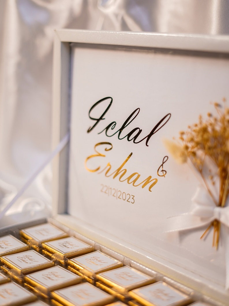 Schokobox Gold foliert mit Strauß für Hochzeiten, Verlobungen, Geburtstage, Taufe oder Partys Bild 9