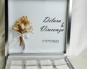 Chocolate box silver (gray) foiled with bouquet for weddings, engagements, birthdays, christenings or parties