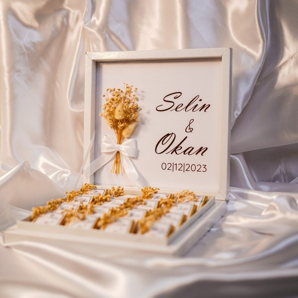 Schokobox Goldfoliert Premium, einzeln mit Schleierkraut besetzt | Ideal für Hochzeiten, Verlobungen, Geburtstage, Taufe oder Partys