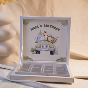 Scatola di cioccolatini personalizzata con design Safari per compleanni (compleanni di bambini), celebrazioni e come decorazione