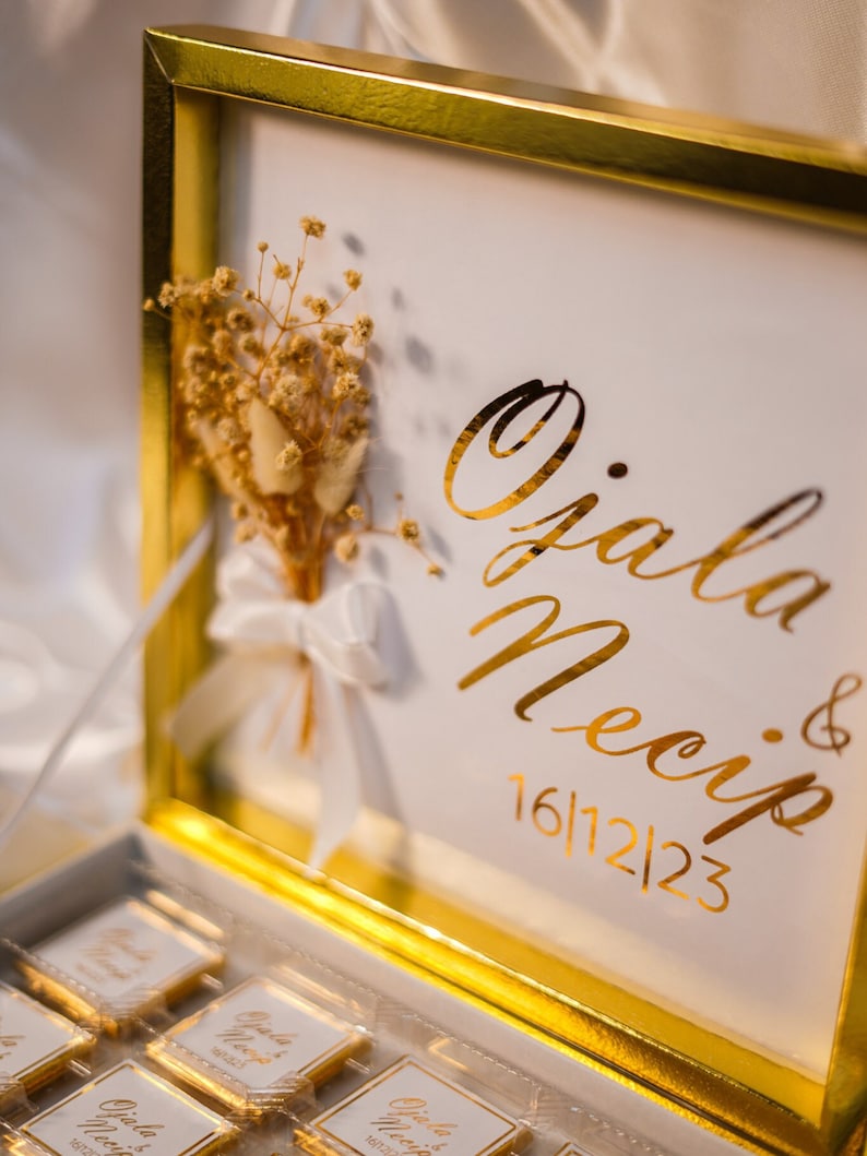 Schokobox Gold foliert mit Strauß für Hochzeiten, Verlobungen, Geburtstage, Taufe oder Partys Bild 4