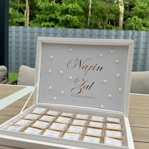 Schokobox Gold foliert mit Perlen (weiß) für Verlobungen, Hochzeiten, Geburtstage, Taufe oder Partys