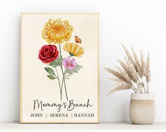 Geboorte bloem familie boeket aangepaste digitale print gepersonaliseerd cadeau Moederdag cadeau voor grootmoeder geboorte bloem familie aangepaste wanddecoratie