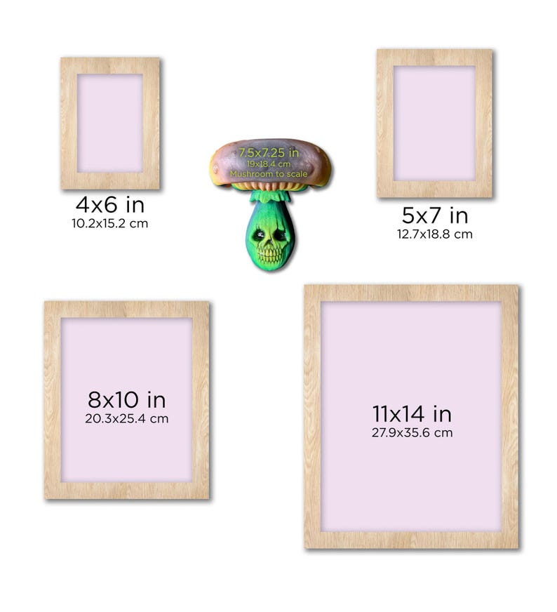 May include: Four different sizes of wooden picture frames with white mounts. The frames are 4x6 inches, 5x7 inches, 8x10 inches, and 11x14 inches. A small green and purple mushroom figurine is in the centre of the image.