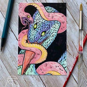 May include: A colorful illustration of a creature with large eyes being swallowed by a pink and yellow snake. The creature has a blue, green, and purple patterned body. The snake is wrapped around the creature's head and body.