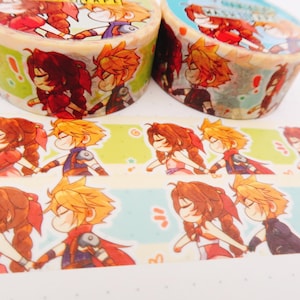 May include: Two rolls of washi tape featuring a cartoon couple. The tape is printed with a light blue, green, and yellow background. The couple is depicted in a variety of poses, including holding hands and looking at each other. The tape is perfect for adding a touch of whimsy to your crafts and projects.