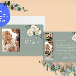 DIY Digital Thank You Card 2-Sided &quot;White Roses & Eucalyptus&quot; to print yourself or send online eCard Download Template green