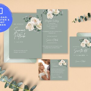 Könnte beinhalten: Ein Satz von drei Hochzeitseinladungskarten in einem grün-weißen Farbschema. Die Karten zeigen ein Blumenmuster mit weißen Rosen und grünen Blättern. Der Text auf den Karten lautet: "Wir heiraten" (Wir heiraten), "Simone und Patrick" (Simone und Patrick), "5. Juni 2019" (5. Juni 2019), "Herzliche Einladung" (Herzliche Einladung), "Save the date" und "3. Juni 2019" (3. Juni 2019).