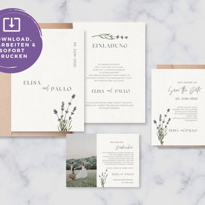 Könnte beinhalten: Ein Satz Hochzeitseinladungen mit Lavendel-Blütenakzenten. Die Einladungen sind auf weißem Karton gedruckt und haben ein schlichtes, elegantes Design. Der Text auf den Einladungen enthält die Namen "Elisa und Paulo" und das Datum "03. Juni 2022".