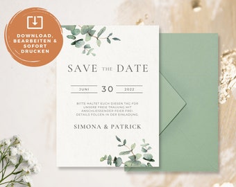 DIY Digital Wedding Save the Date Card “Greenery” to print yourself or send online eCard Download Template Eucalyptus Boho