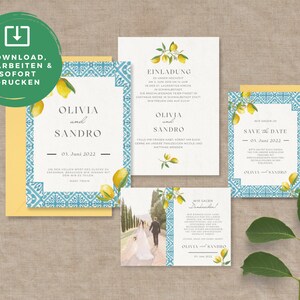 Könnte beinhalten: Hochzeitspapeterie-Set mit einem Zitronen- und blau gefliesten Design. Das Set enthält eine Einladung, eine Save-the-Date-Karte und eine Karte mit einem Foto eines Paares. Der Text enthält die Namen Olivia und Sandro.