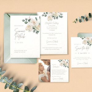May include: A set of wedding invitations with a floral design featuring white roses and green leaves. The invitations include a save the date card, a wedding invitation, and a details card. The text on the cards reads "Wir heiraten Simone und Patrick 5. Juni 2019" and "Save the date 5. Juni 2019".