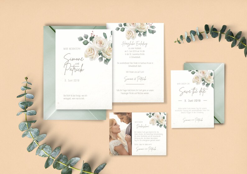 May include: A set of wedding invitations with a floral design featuring white roses and green leaves. The invitations include a save the date card, a wedding invitation, and a details card. The text on the cards reads "Wir heiraten Simone und Patrick 5. Juni 2019" and "Save the date 5. Juni 2019".