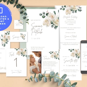 May include: Wedding invitation suite with white flowers and greenery. The invitation includes the text "Wir heiraten!" (We are getting married!), "Simone und Patrick" (Simone and Patrick), and "3. Juni 2019" (June 3, 2019).