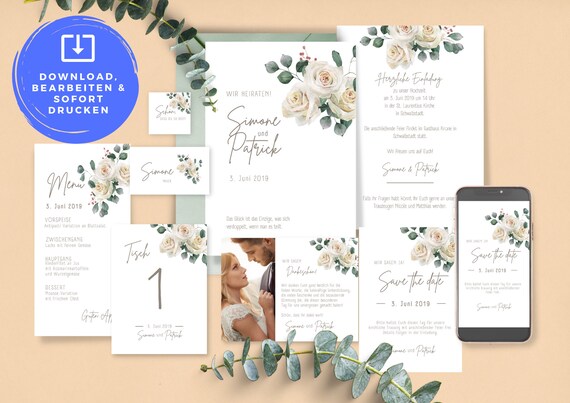 DIY Set komplett - Digitale Hochzeit Papeterie Einladung Weiße Rosen & Eukalyptus zum drucken oder online verschicken  Download Template