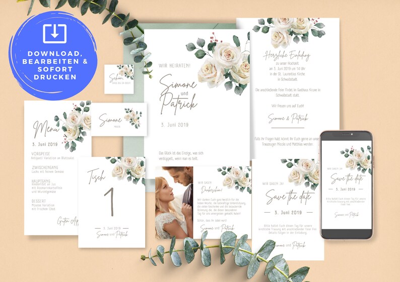 May include: Wedding invitation suite with white flowers and greenery. The invitation includes the text "Wir heiraten!" (We are getting married!), "Simone und Patrick" (Simone and Patrick), and "3. Juni 2019" (June 3, 2019).