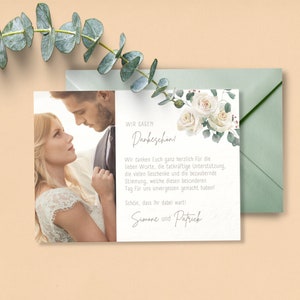 May include: A wedding thank you card with a photo of a couple in front of a white floral design. The text reads "Wir sagen Dankeschon!" and "Wir danken Euch ganz herzlich fur die lieben Worte, die tatkr&auml;ftige Unterst&uuml;tzung, die vielen Geschenke und die bezaubernde Stimmung, welche diesen besonderen Tag f&uuml;r uns unvergessen gemacht haben! Sch&ouml;n, dass Ihr dabei wart! Simone und Patrick."