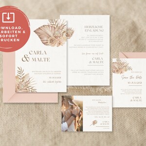 Könnte beinhalten: Ein Set Hochzeitseinladungskarten im Boho-Stil. Die Karten zeigen ein florales Design mit getrockneten Blumen und Blättern in Braun- und Beigetönen. Der Text auf den Karten lautet "Carla & Malte" und "Save the Date" mit dem Datum "30. Juli 2021".