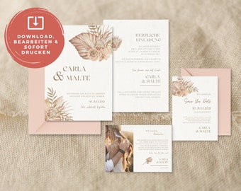 DIY - Set Básico - Invitación de papelería de boda digital “Boho Vintage” para imprimir usted mismo o enviar la plantilla de descarga de tarjeta electrónica en línea