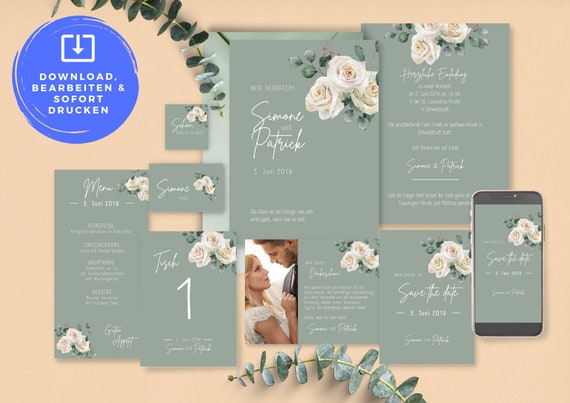 DIY Set komplett - Digitale Hochzeit Papeterie Einladung „Weiße Rosen & Eukalyptus“ zum drucken oder verschicken Download Template grün