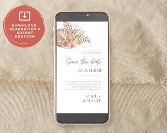 May include: A digital save the date card with a floral design in shades of brown and beige. The text reads "Wir sagen ja! Save the Date 30. Juli 2021. Bitte haltet euch diesen Tag für unsere kirchliche Trauung mit anschließender Feier frei. Details folgen in der Einladung. Carla & Malte."