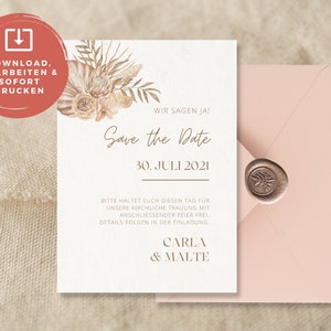 DIY Digitale Save the Date Karte „Boho Vintage“ zum selbst drucken oder online verschicken eCard Download Template