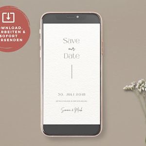 Digital save the date card “minimal black and white” mobile phone format for sending online eCard download template savethedate