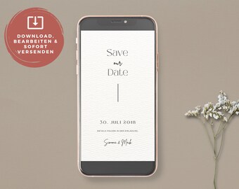 May include: A smartphone mockup displaying a save the date card with a white background and black text. The text reads "Save our Date" with a vertical line and the date "30. JULI 2018". The text "DETAILS FOLGEN IN DER EINLADUNG" and the names "Simona & Muck" are also included.